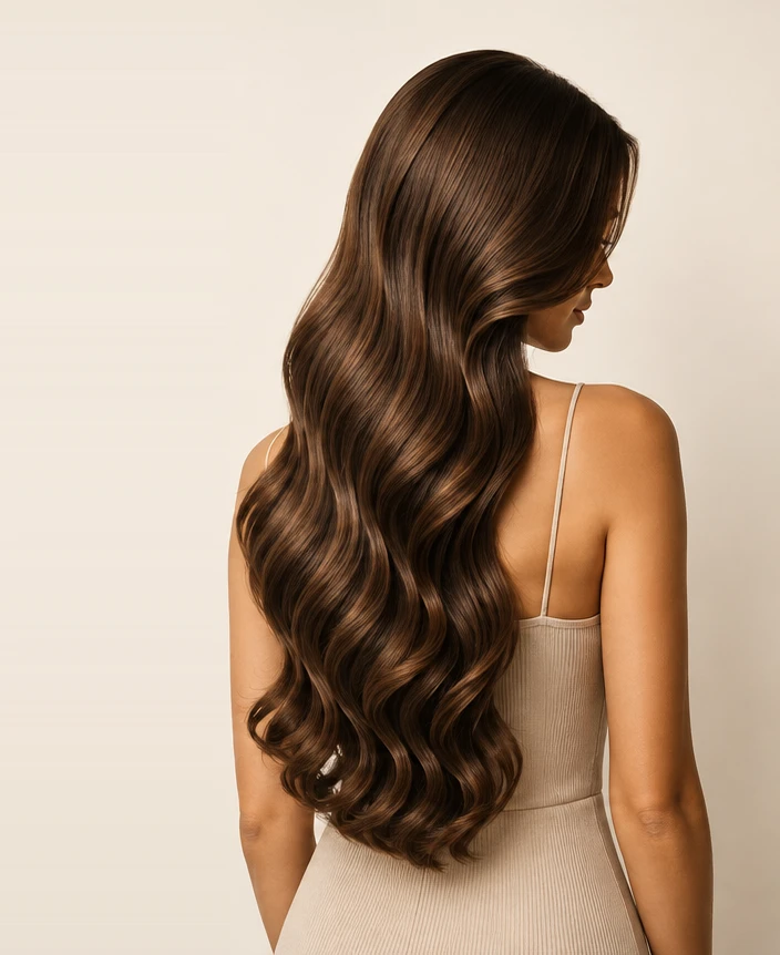 Woman with long glossy wavy brown hair