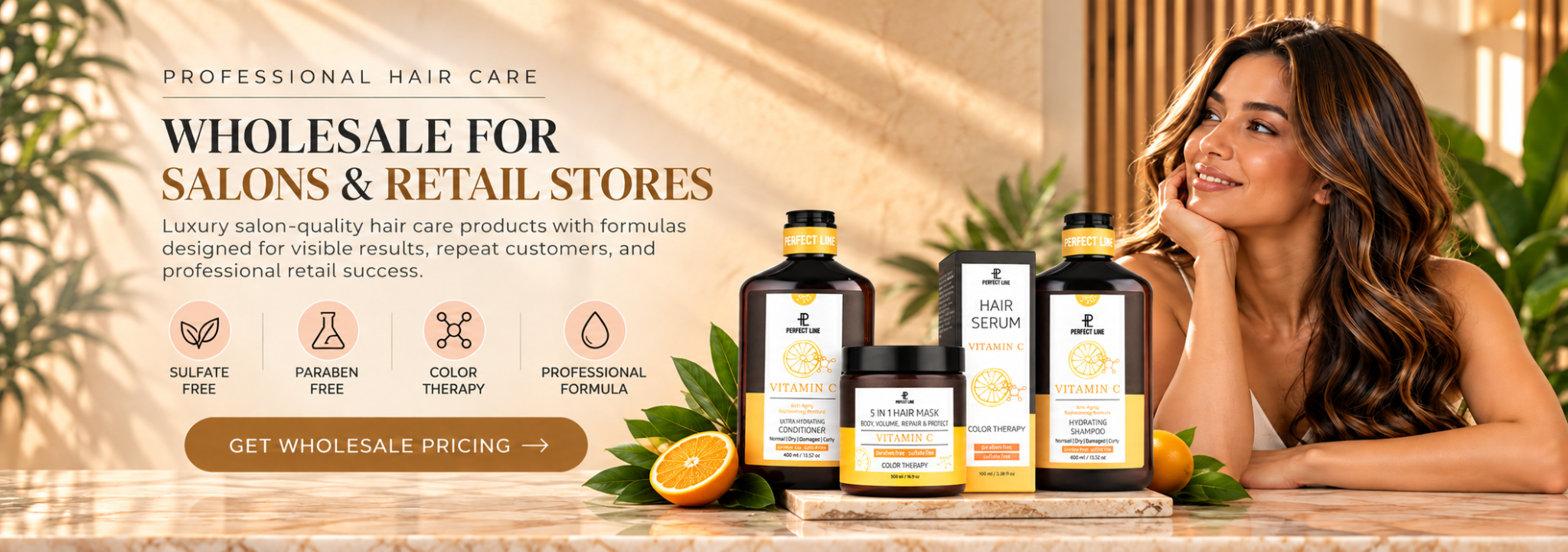 Perfect Line USA wholesale hair care for salons and retail stores featuring the Vitamin C collection
