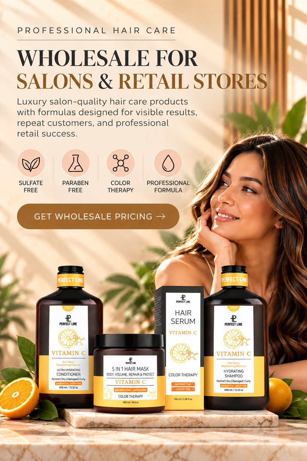 Perfect Line USA wholesale hair care for salons and retail stores featuring the Vitamin C collection
